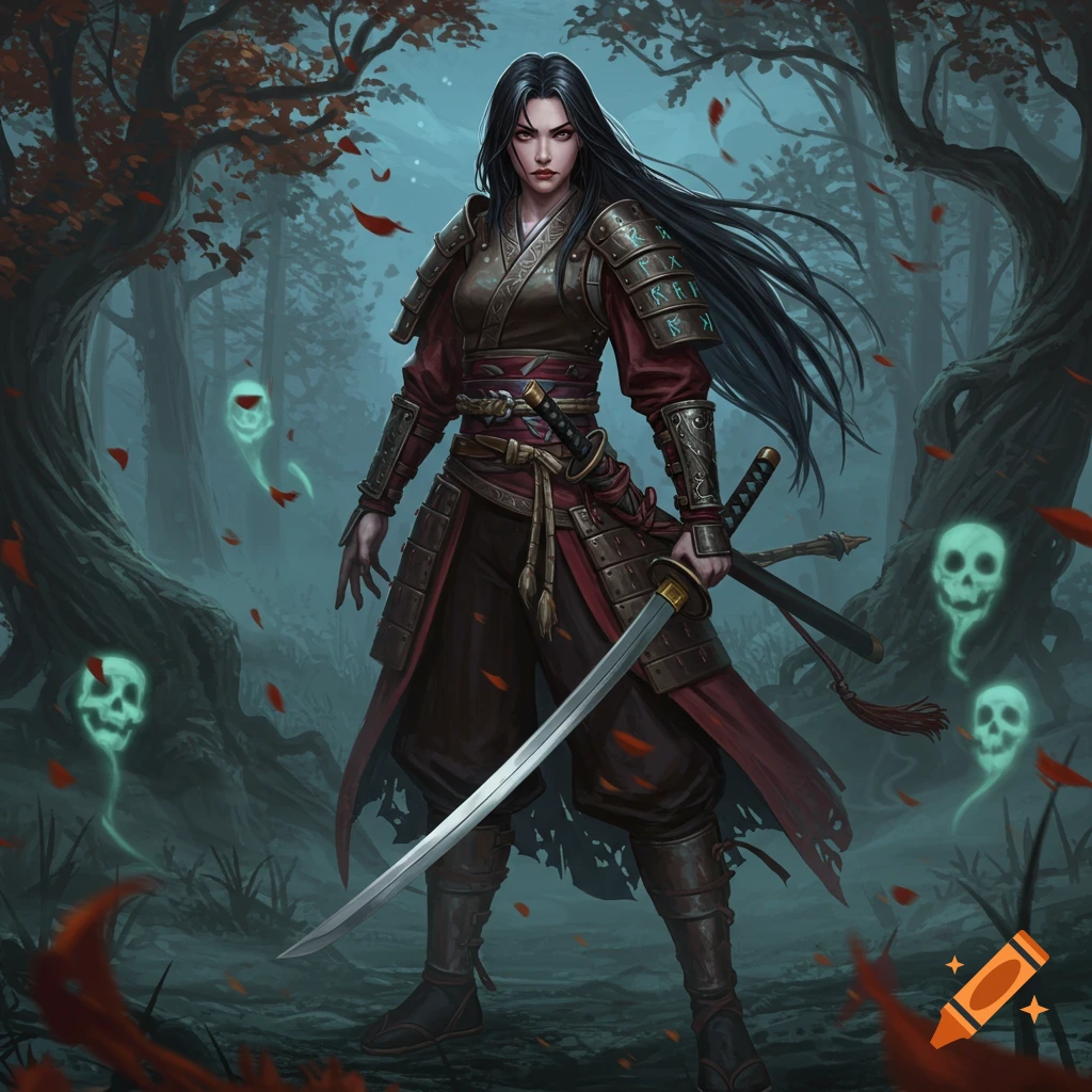 A woman in dark armor with a katana stands in a misty forest, surrounded by glowing green skulls, in a dark fantasy art style.