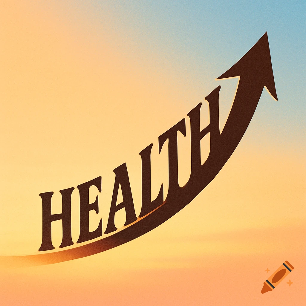 The word HEALTH curving upwards like an arrow against a gradient sky, symbolizing improvement and growth.