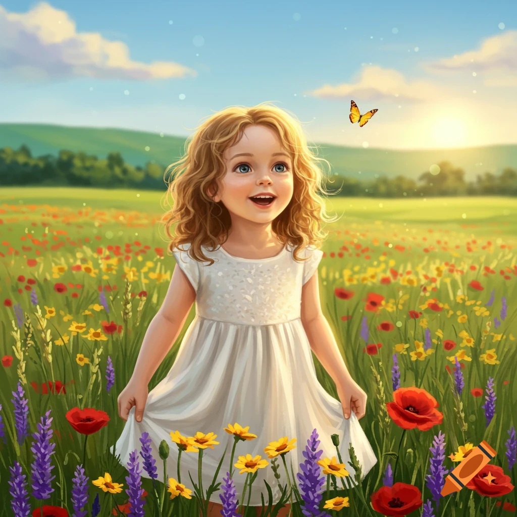 A joyful young girl with curly hair in a white dress stands in a colorful field of wildflowers, looking up at a butterfly.