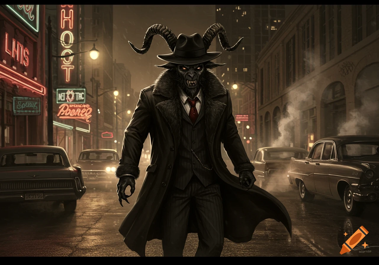 A demonic Krampus-like figure in a suit and fedora walks on a wet, neon-lit city street at night, with classic cars.