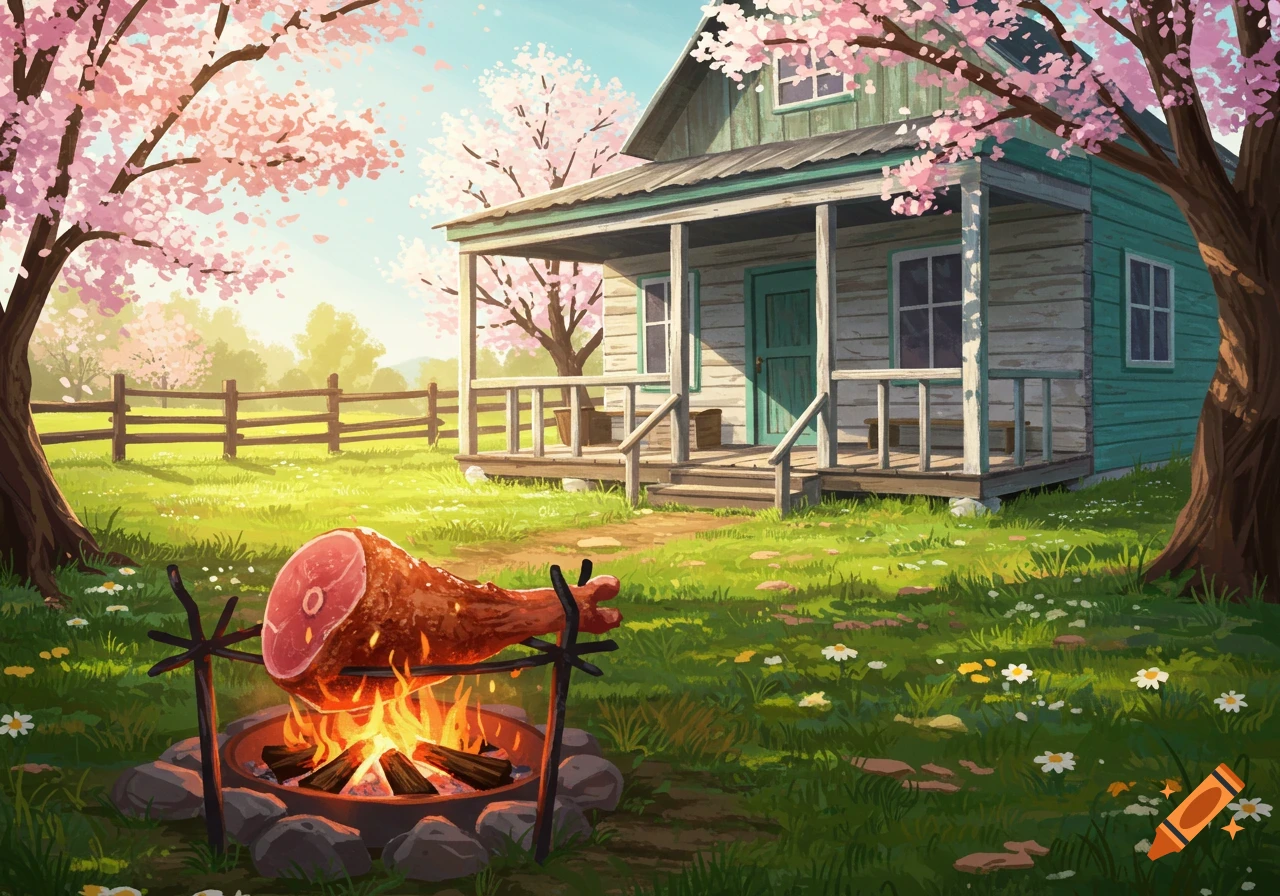 A ham roasts over a fire pit in front of a rustic house with a porch, surrounded by cherry blossom trees in a spring landscape.