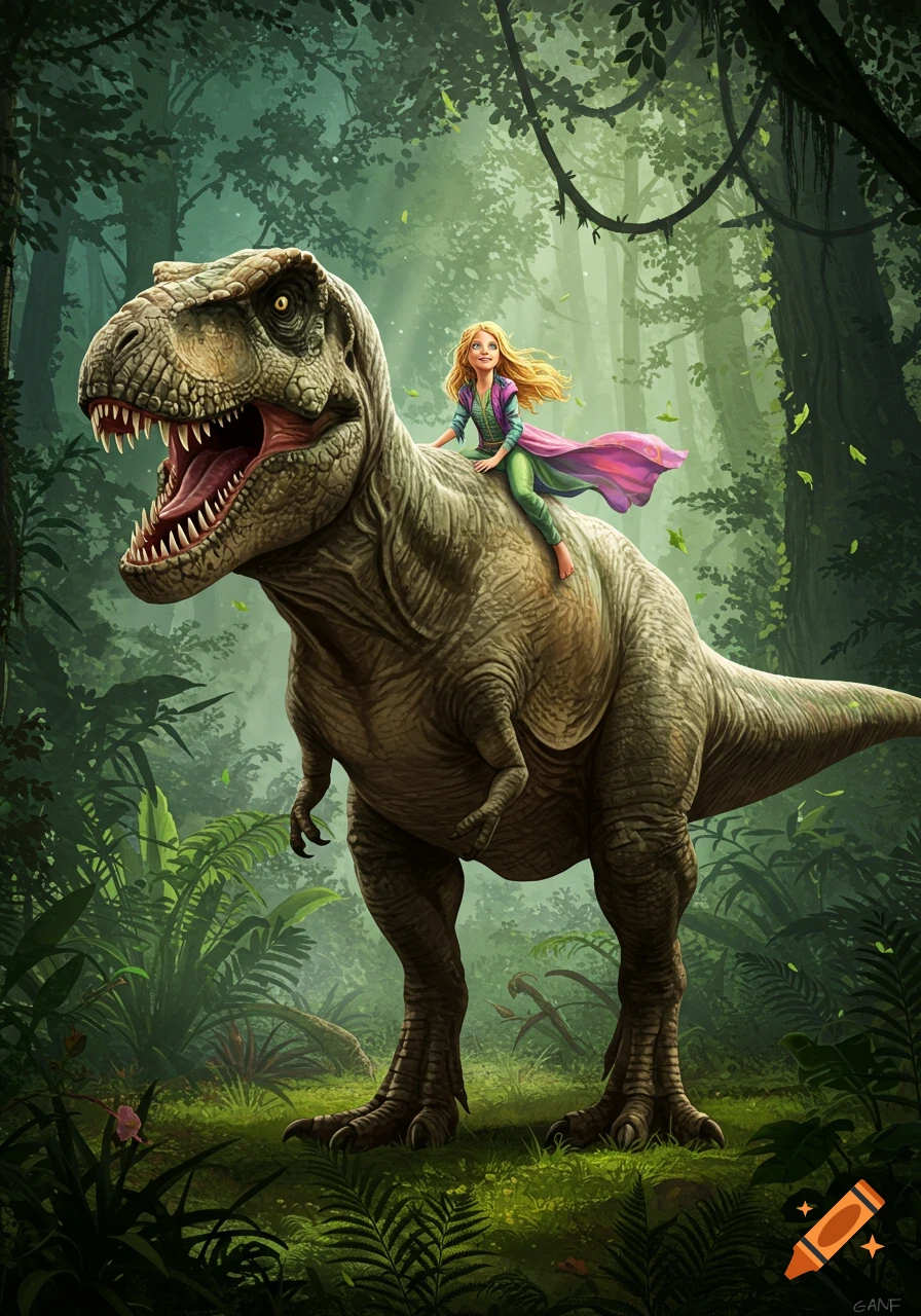 A young blonde girl rides a large T-Rex through a lush, green jungle in an illustrative style.