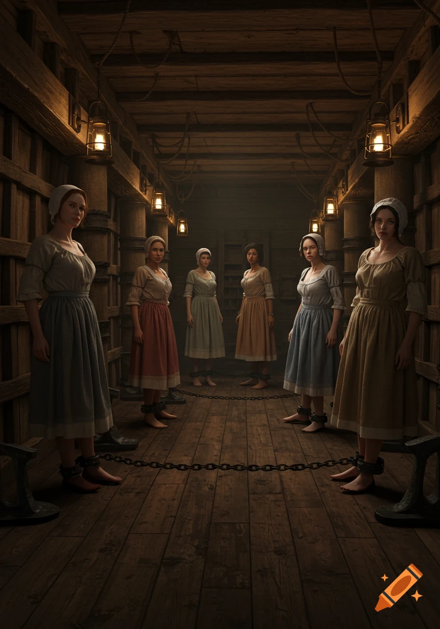 Six women in 18th-century dresses are shackled by chains in a dimly lit wooden ship's hold, their expressions showing varied emotions.