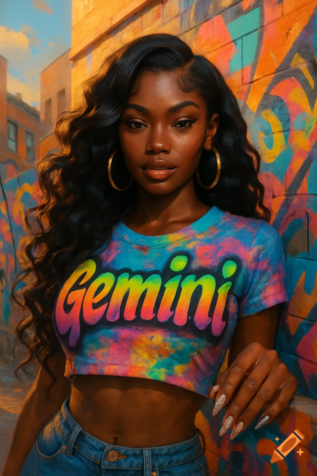 A young Black woman with long wavy hair, hoop earrings, and rhinestone nails, wearing a colorful tie-dye 'Gemini' crop top and jeans, stands against a vibrant graffiti wall.