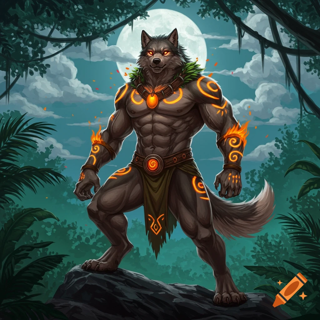 A muscular werewolf-like creature with glowing orange markings stands on a rock under a full moon in a jungle.