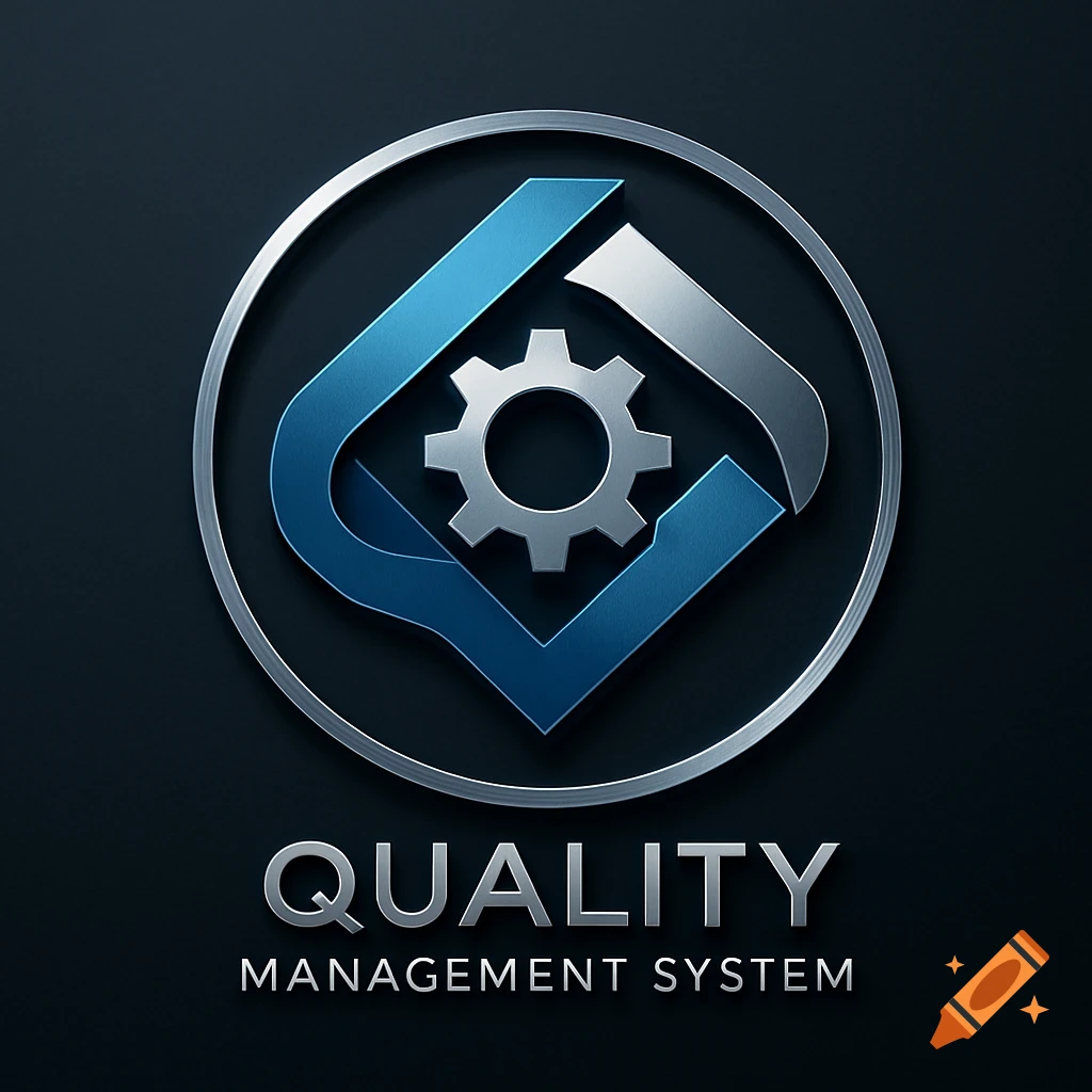 A sleek, metallic 3D logo with a gear icon and angular blue and silver shapes, encircled, with 'Quality Management System' text below.