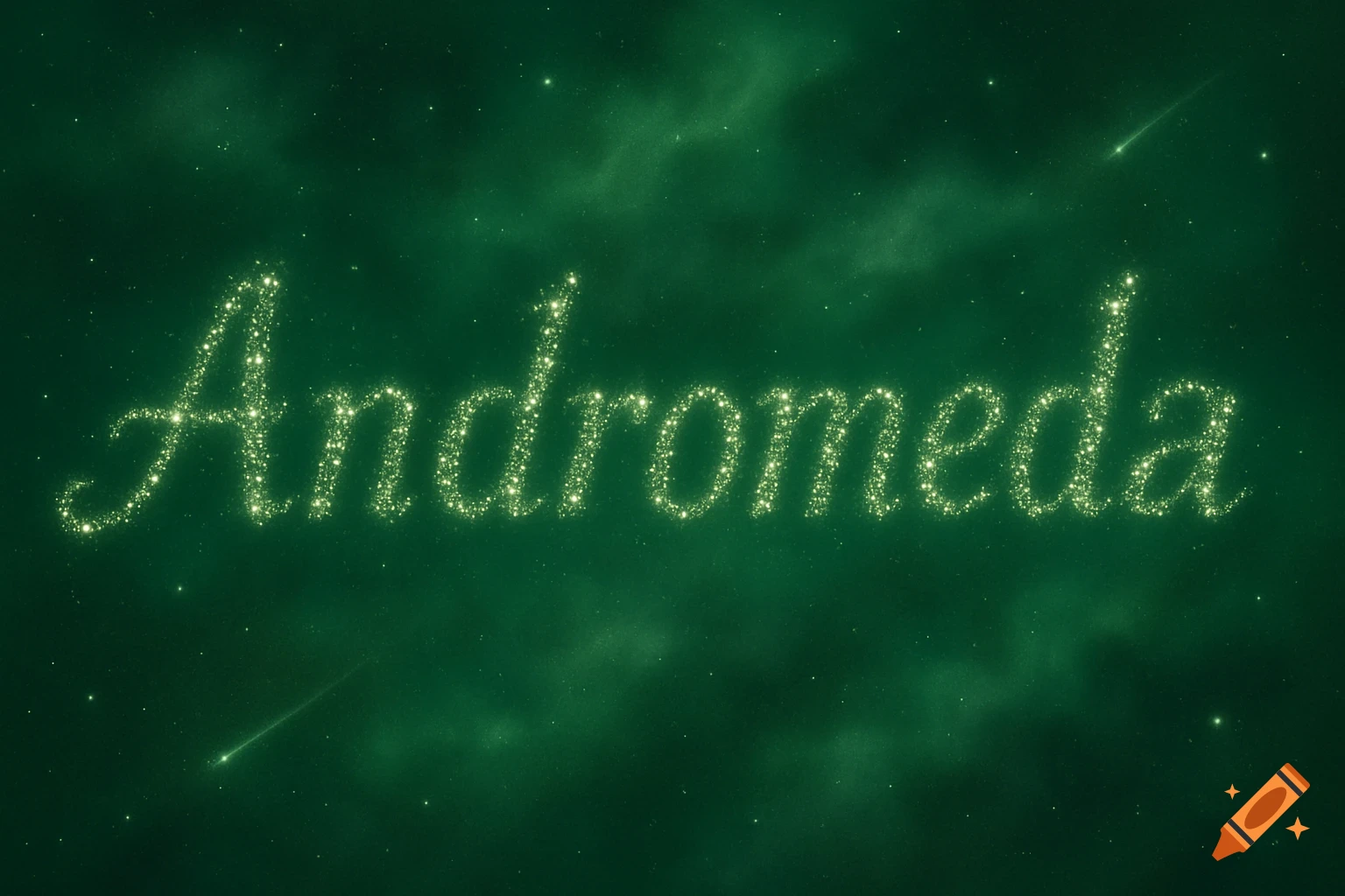The word 'Andromeda' is spelled out in sparkling green stars against a dark green cosmic background with shooting stars.