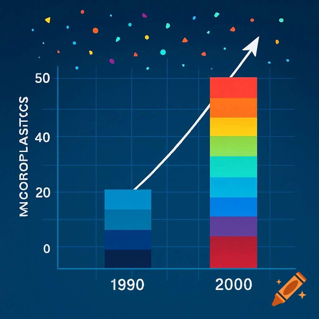 A colorful bar graph illustrating the increase of microplastics from 1990 to 2000, with an upward arrow signifying growth.