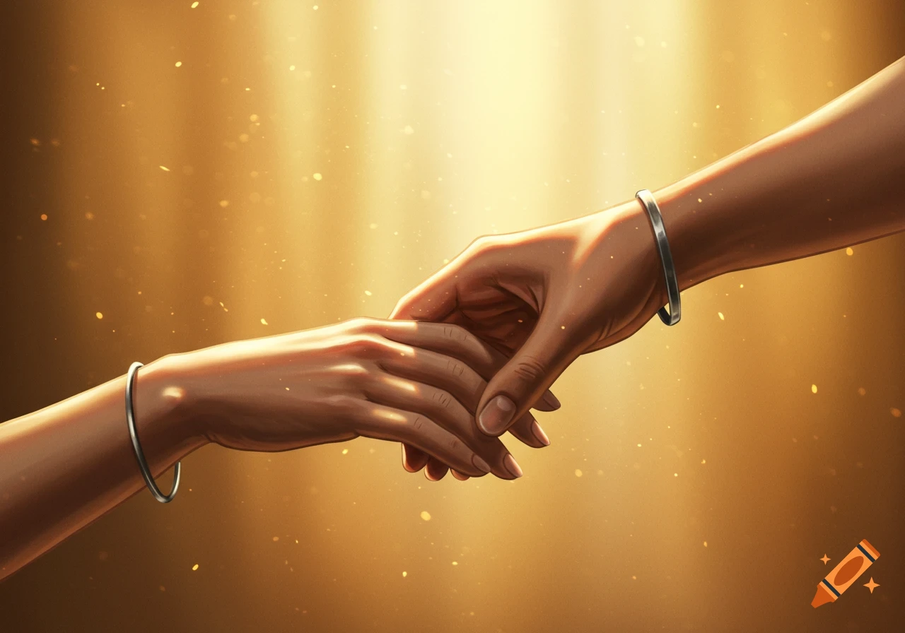 Two hands gently touching in a warm, golden light with sparkling particles.