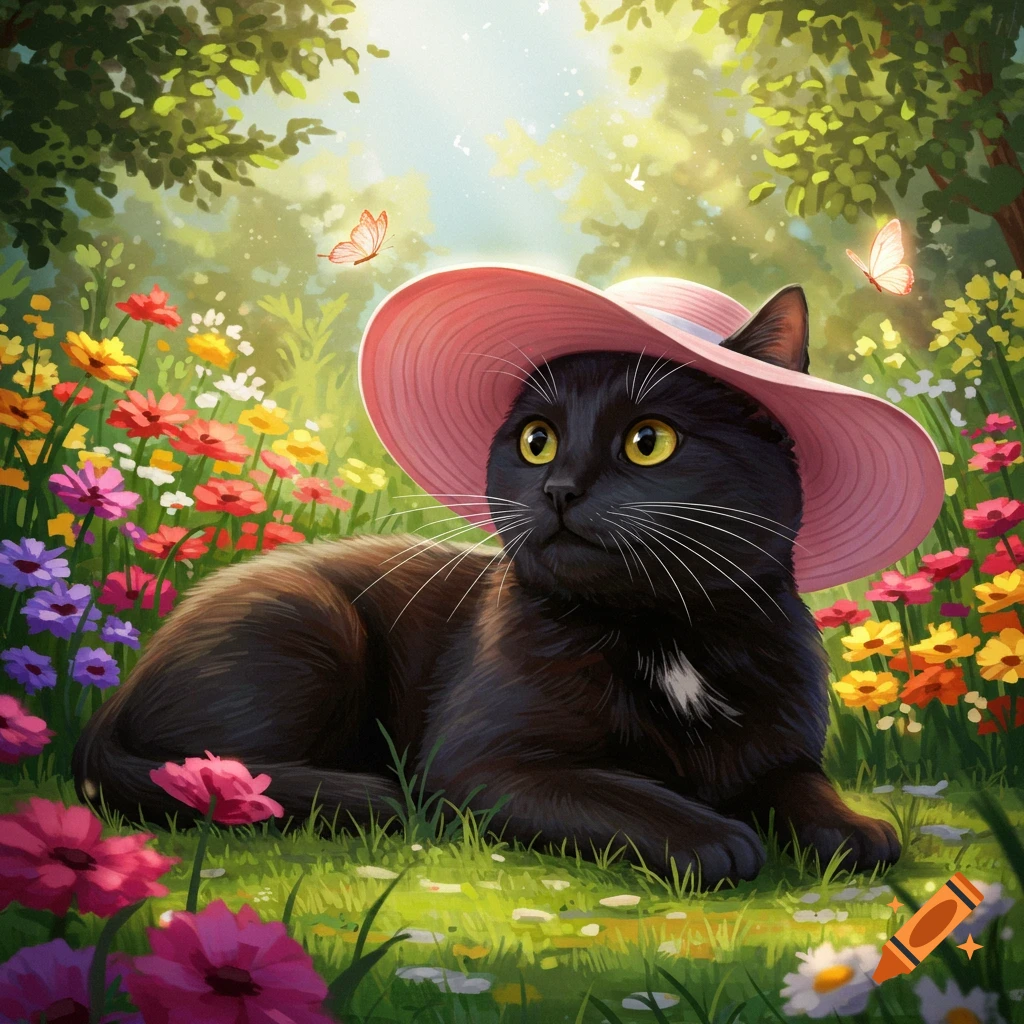 A black cat wearing a pink sun hat lies in a sunny, vibrant garden filled with colorful flowers and butterflies, in a digital painting style.