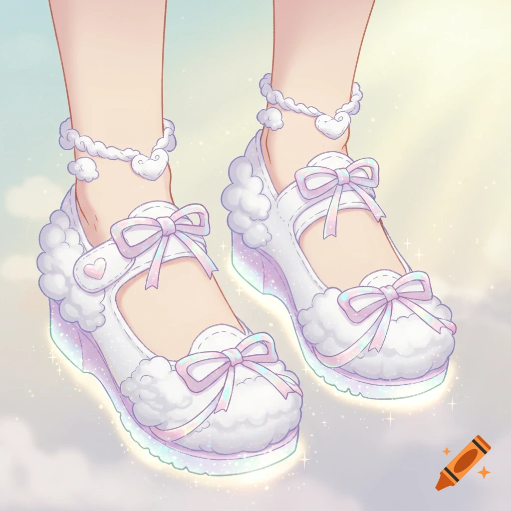 A close-up of two feet wearing white cloud-themed Mary Jane shoes with pink bows and iridescent soles, floating in a pastel sky.