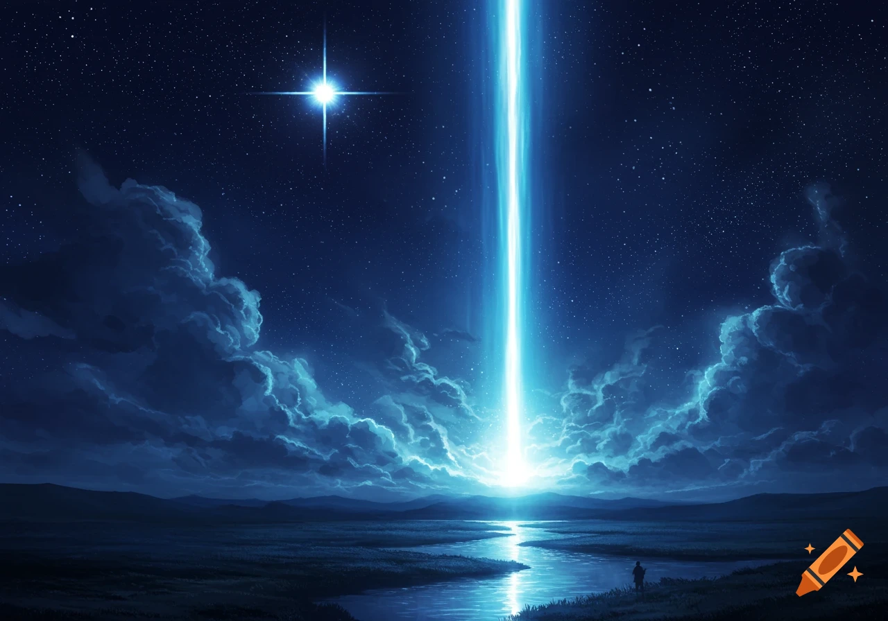A dazzling blue beam of light descends from a bright star in a starry night sky, illuminating a river and a person in a vast landscape.