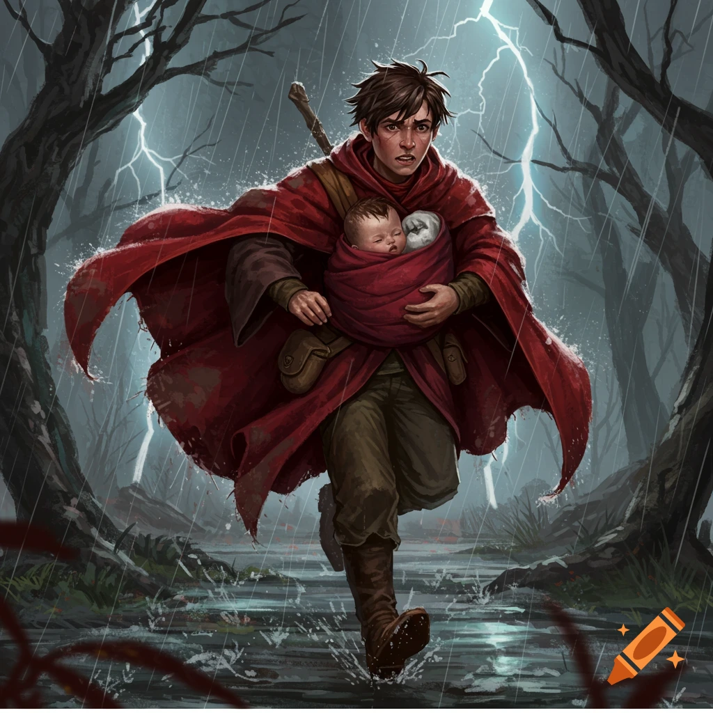 A young wizard in a red cloak runs through a dark, rainy forest, carrying a baby swaddled in red, with lightning in the sky.