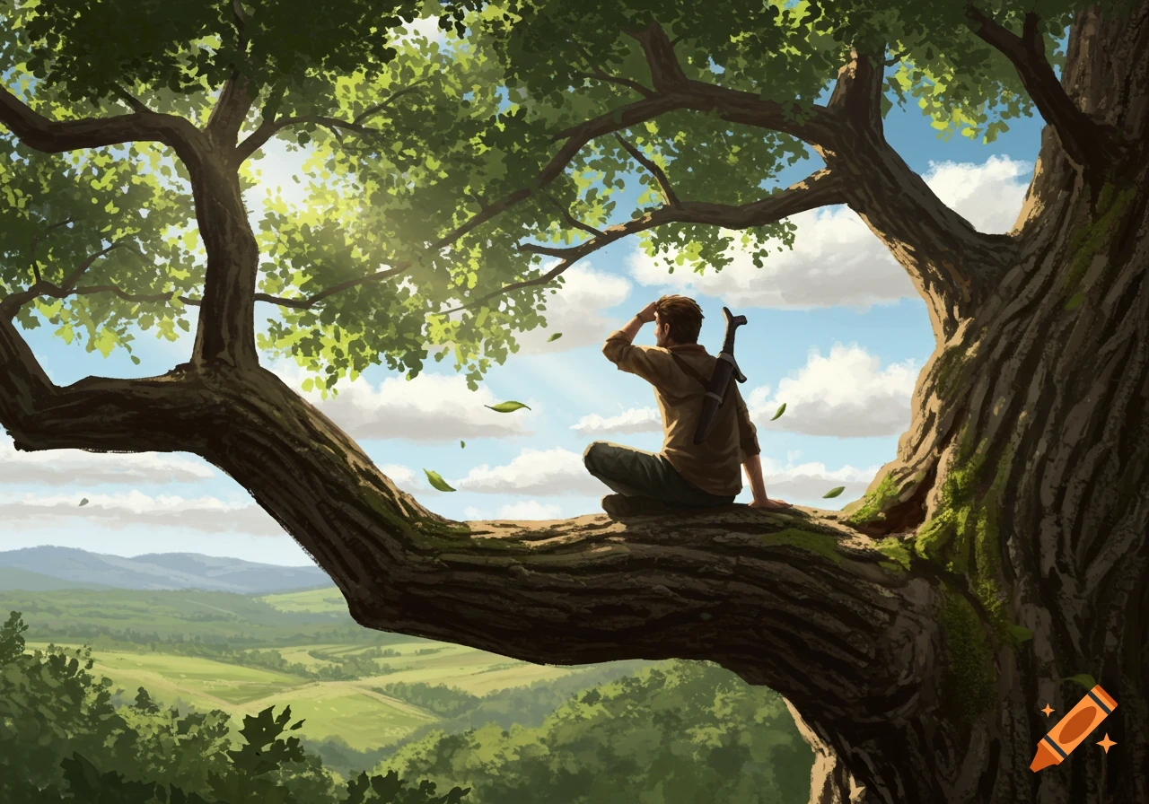 A man sits on a thick tree branch, shading his eyes and looking out over a vast green landscape with mountains in the distance.