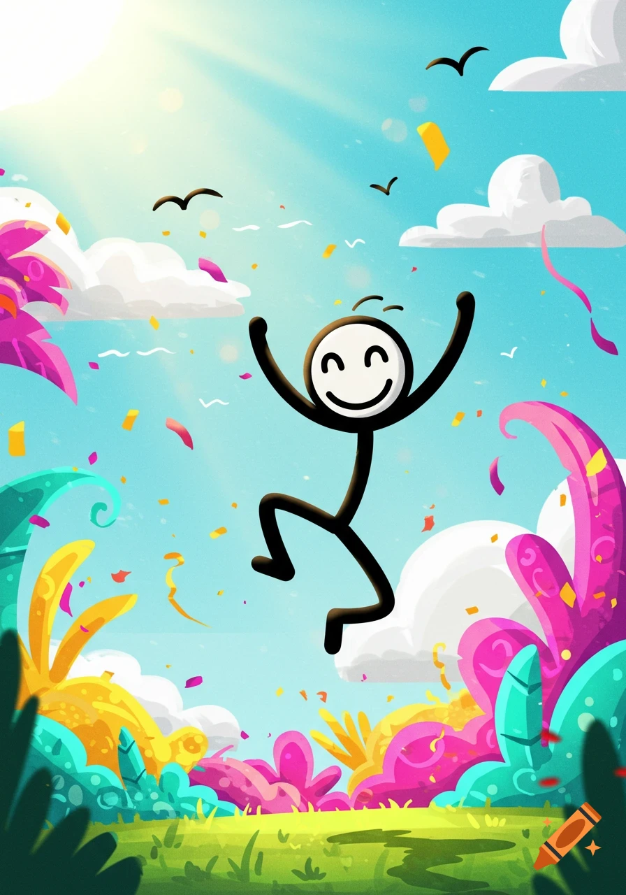 A vibrant cartoon illustration of a happy stick figure jumping in the air amidst colorful foliage, falling confetti, birds, and a bright sky.