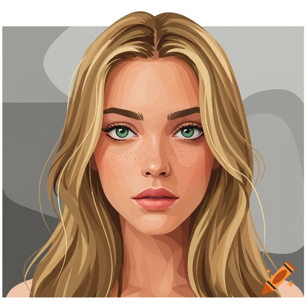 Stylized portrait of a woman with long blonde hair, green eyes, and freckles.
