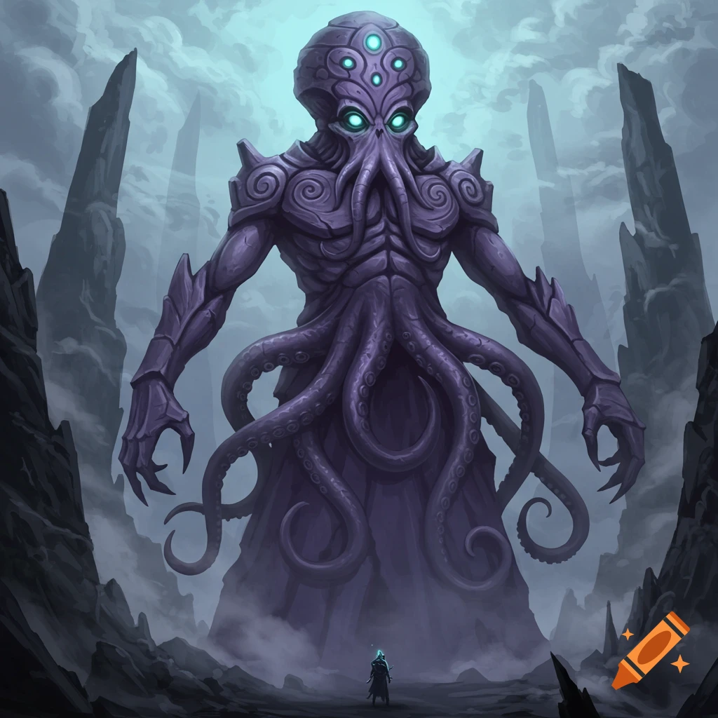Colossal purple tentacled monster with glowing eyes towering over a small figure in a dark, rocky landscape. Dark fantasy art style.