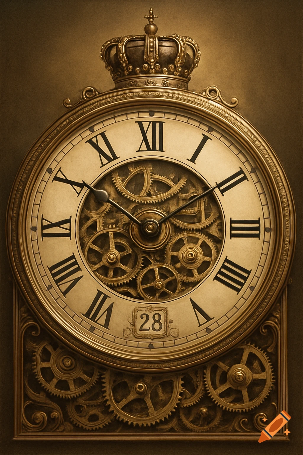 An ornate steampunk-style clock face with a brass crown, Roman numerals, exposed gears, and a small date display showing '28'.