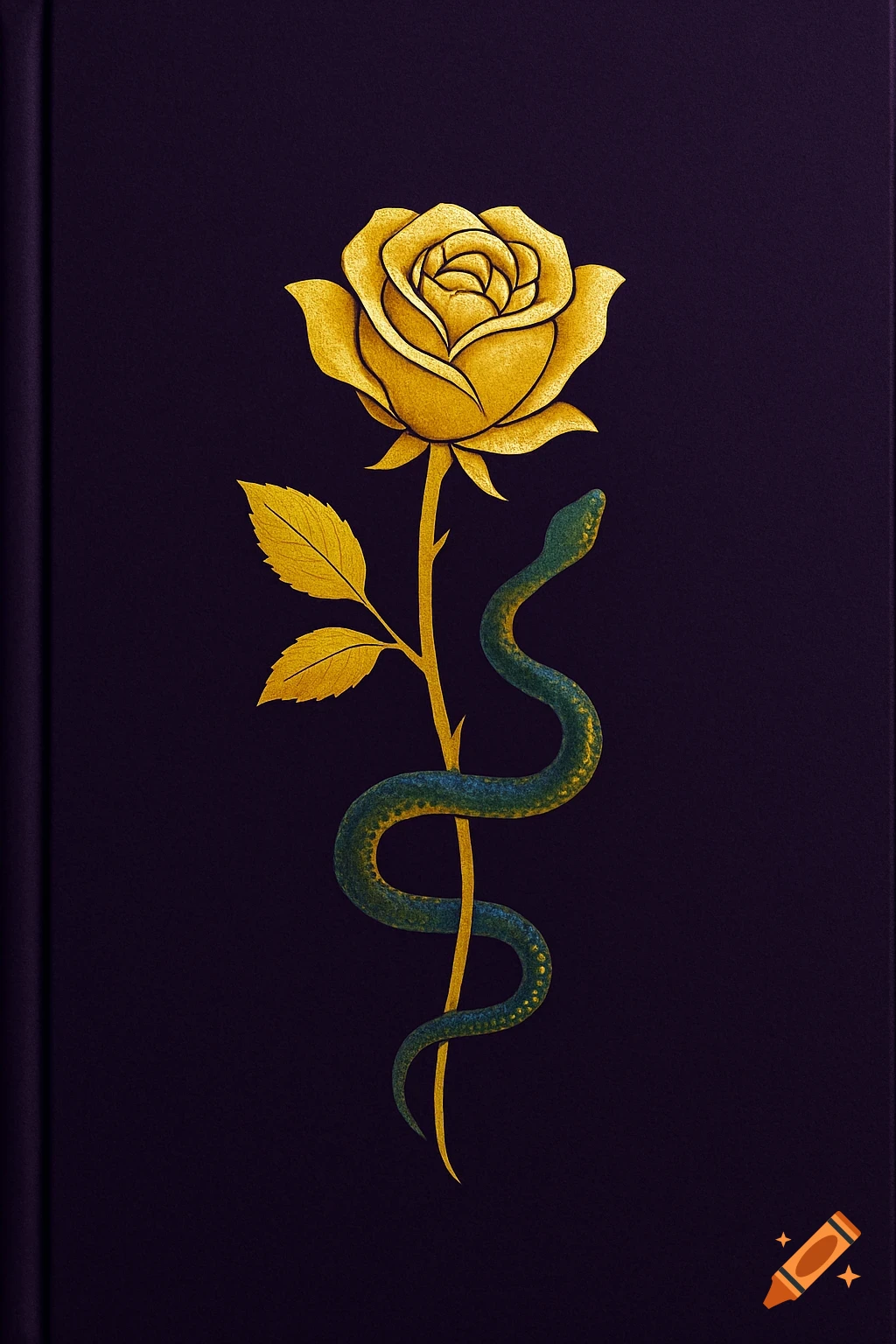 A golden rose with a green and yellow snake wrapped around its stem on a dark purple background, in an illustrative style.