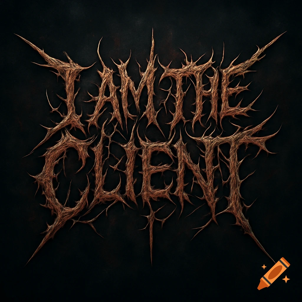 Text "I AM THE CLIENT" in a brown, spiky death metal font on a dark background.