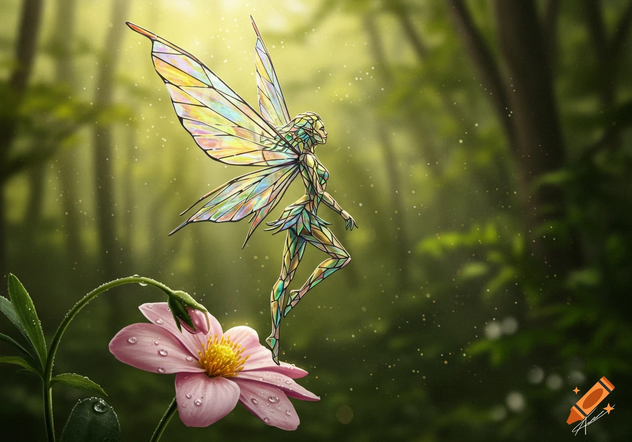 A stained glass fairy with colorful wings hovers above a pink flower covered in dew drops in a sunlit forest.