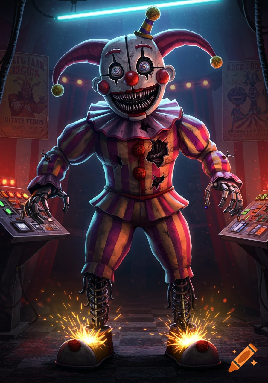 A creepy, damaged animatronic clown with spinning eyes and a jagged grin stands in a carnival control room, sparks flying from its shoes.