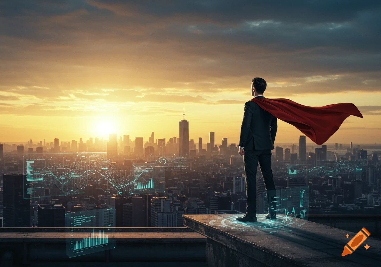 Man in suit with a red cape looks over a city with futuristic holographic data at sunset.
