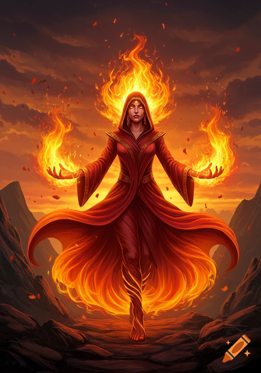 A female fire elementalist in a red robe with flames emanating from her hands and head, standing in a fiery landscape.
