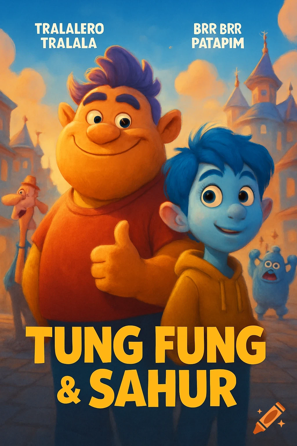 A Pixar-style movie poster featuring two happy cartoon characters, one large orange and one smaller blue, with a whimsical town in the background.