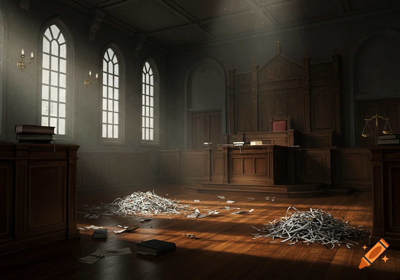 An empty, dark courtroom with sunlight streaming through tall windows, illuminating piles of shredded papers on the wooden floor.