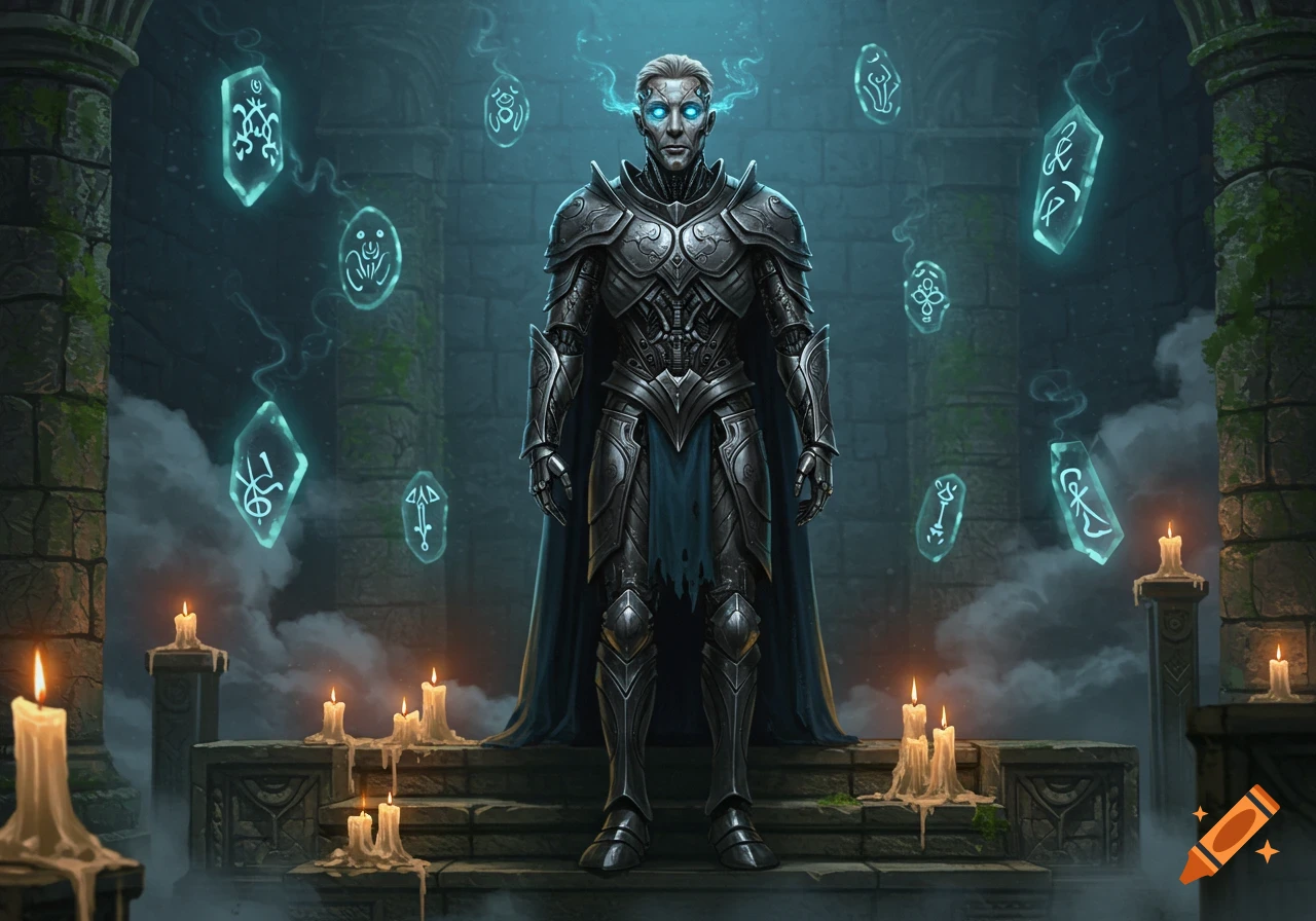 A powerful armored figure with glowing blue eyes stands in a dark, ancient stone chamber surrounded by floating magical runes and lit candles.