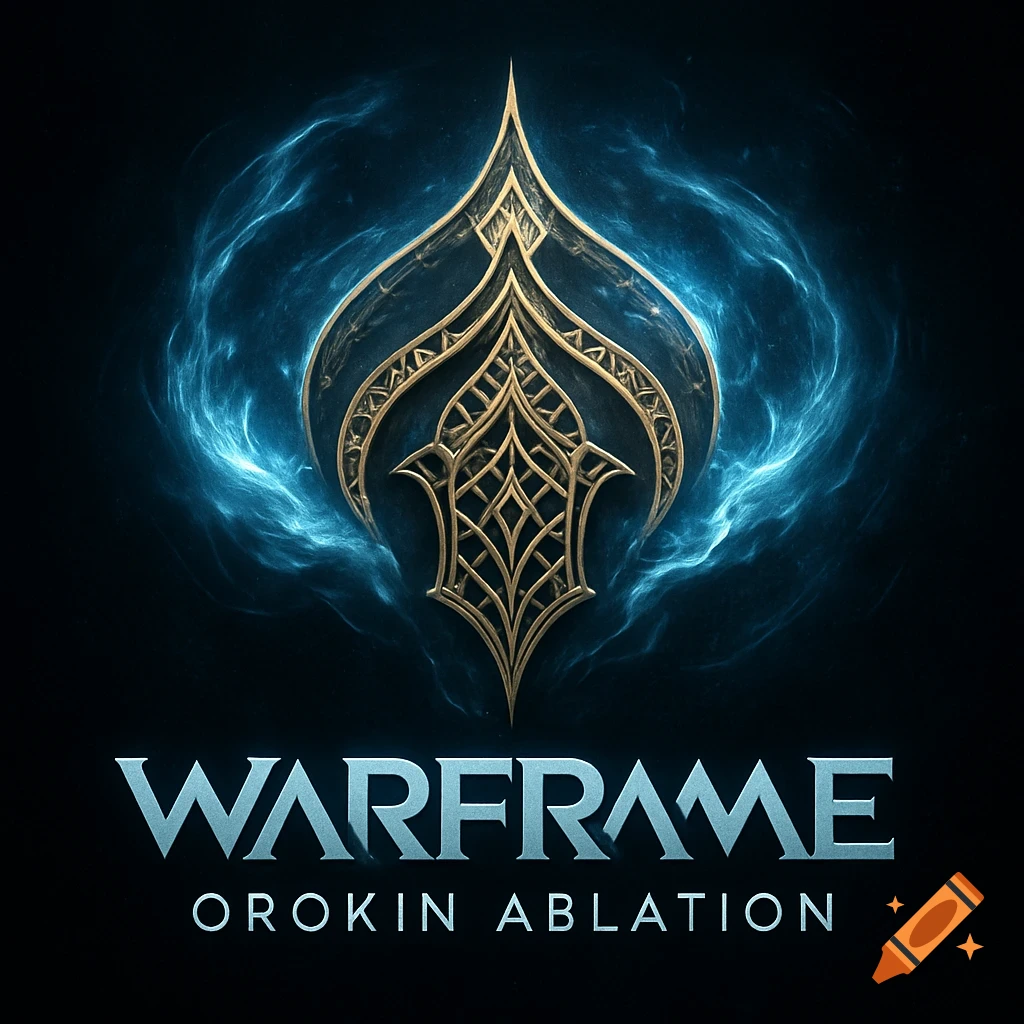 A golden, ornate symbol with blue energy on a dark background, with the text 'WARFRAME OROKIN ABLATION' below.