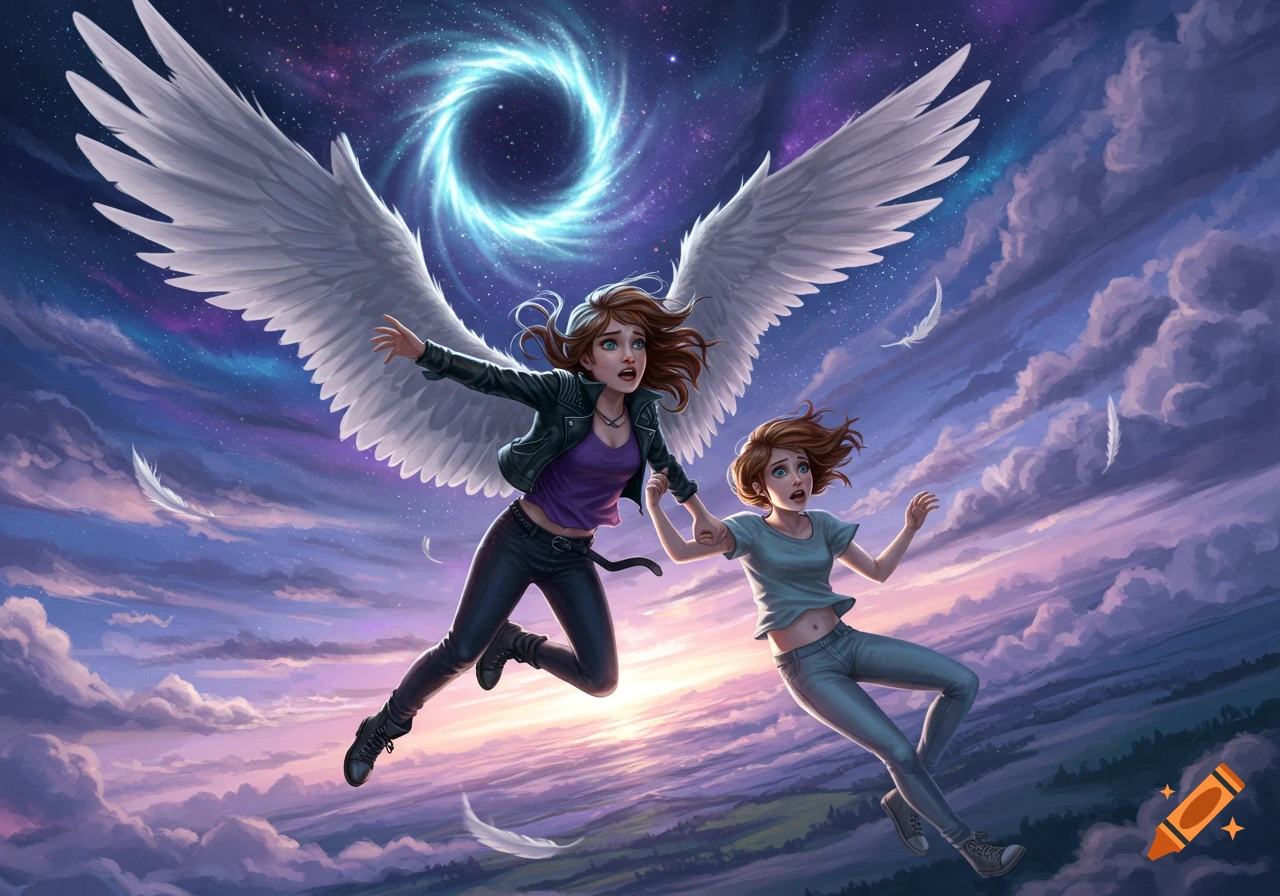 Two young women, one with large white wings, hold hands while falling from a starry night sky with a glowing portal into a cloudy landscape.