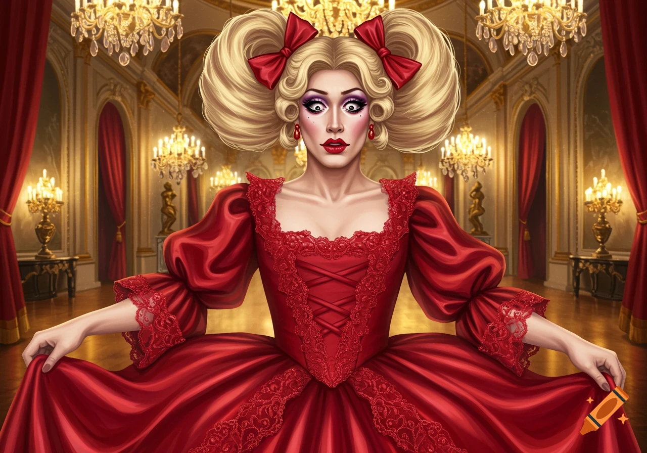 A theatrical drag performer in a vibrant red princess gown and a blonde wig with pigtails and red bows, posing in a grand ballroom.