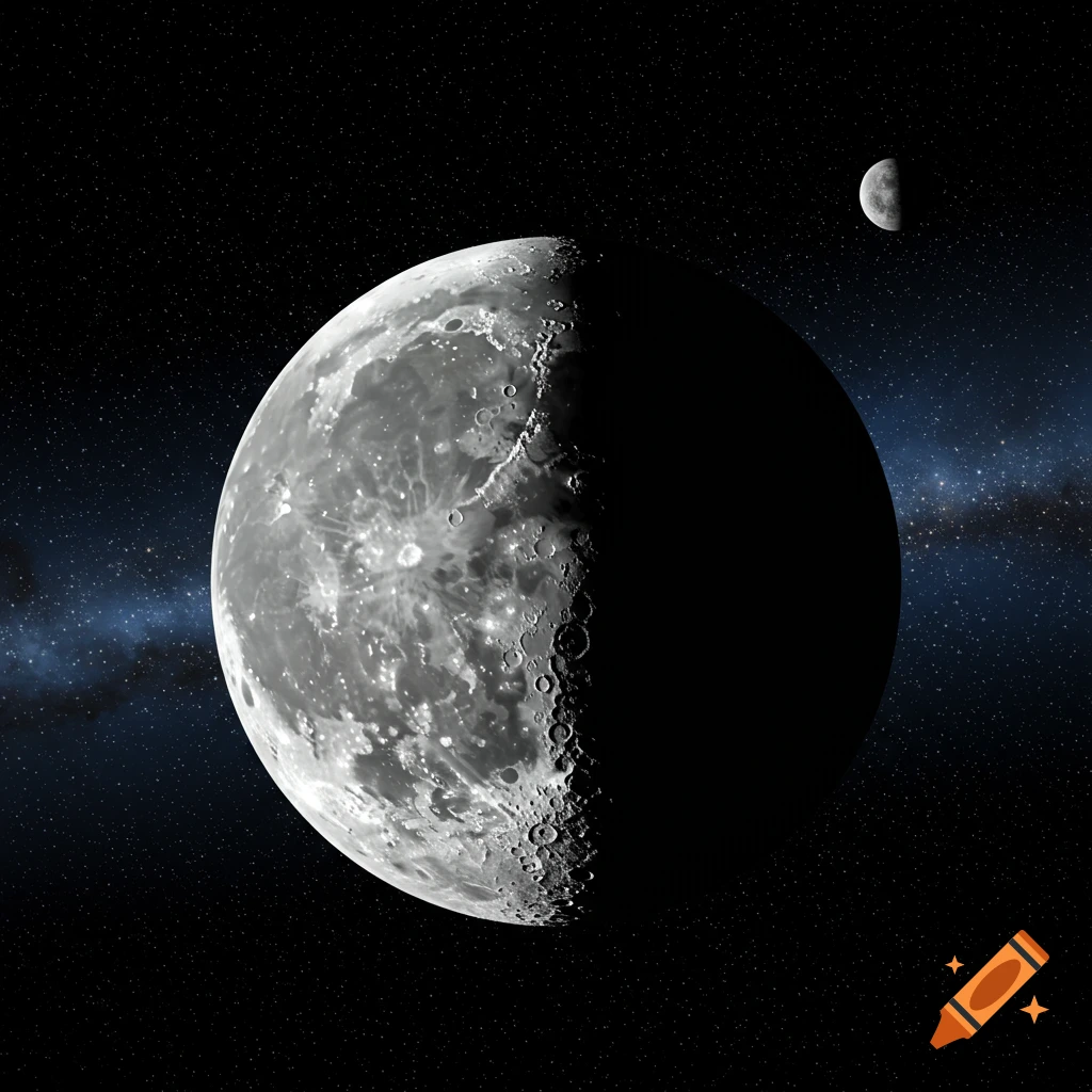 A large half-lit moon and a smaller crescent moon float in a dark, star-filled space with a faint blue nebula.