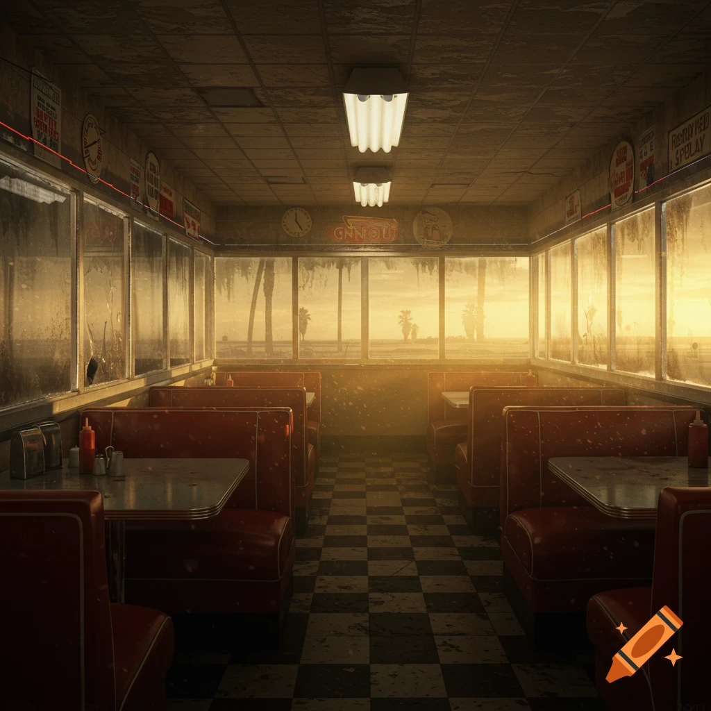 A dimly lit, empty diner interior with red booths and checkerboard floor, looking out dirty windows at a hazy sunset and palm trees. A sign reads 'IN-N-OUT'.
