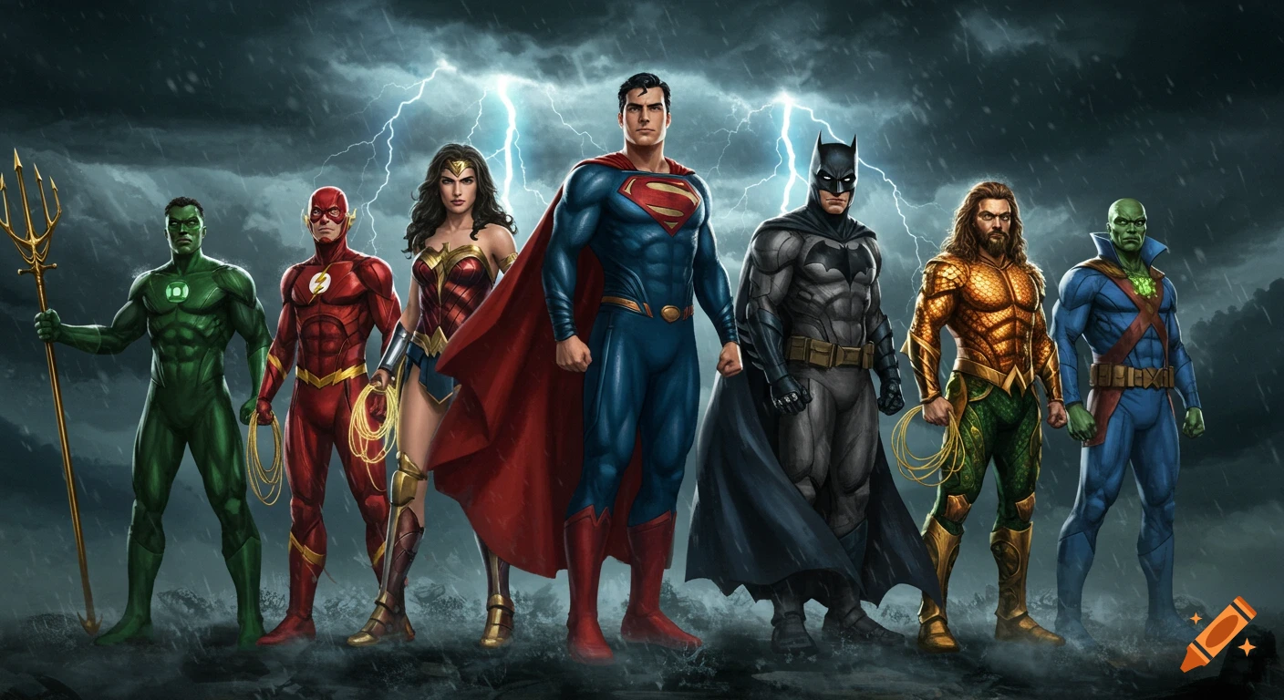 A lineup of seven DC Comics superheroes including Superman, Batman, Wonder Woman, Flash, Green Lantern, Aquaman, and Martian Manhunter standing under a stormy sky with lightning.