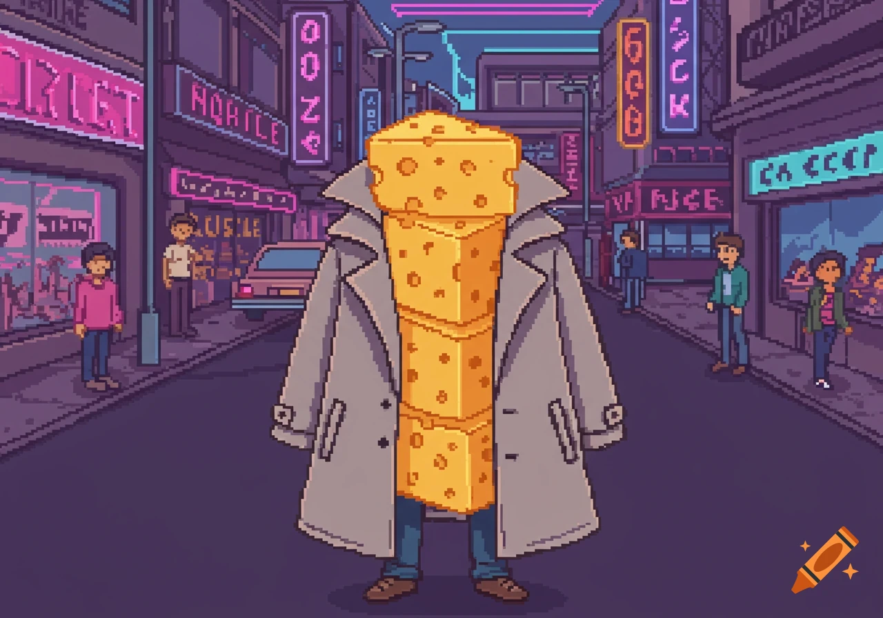 Pixel art of three blocks of cheese stacked inside a trench coat, standing on a street with neon signs at night.