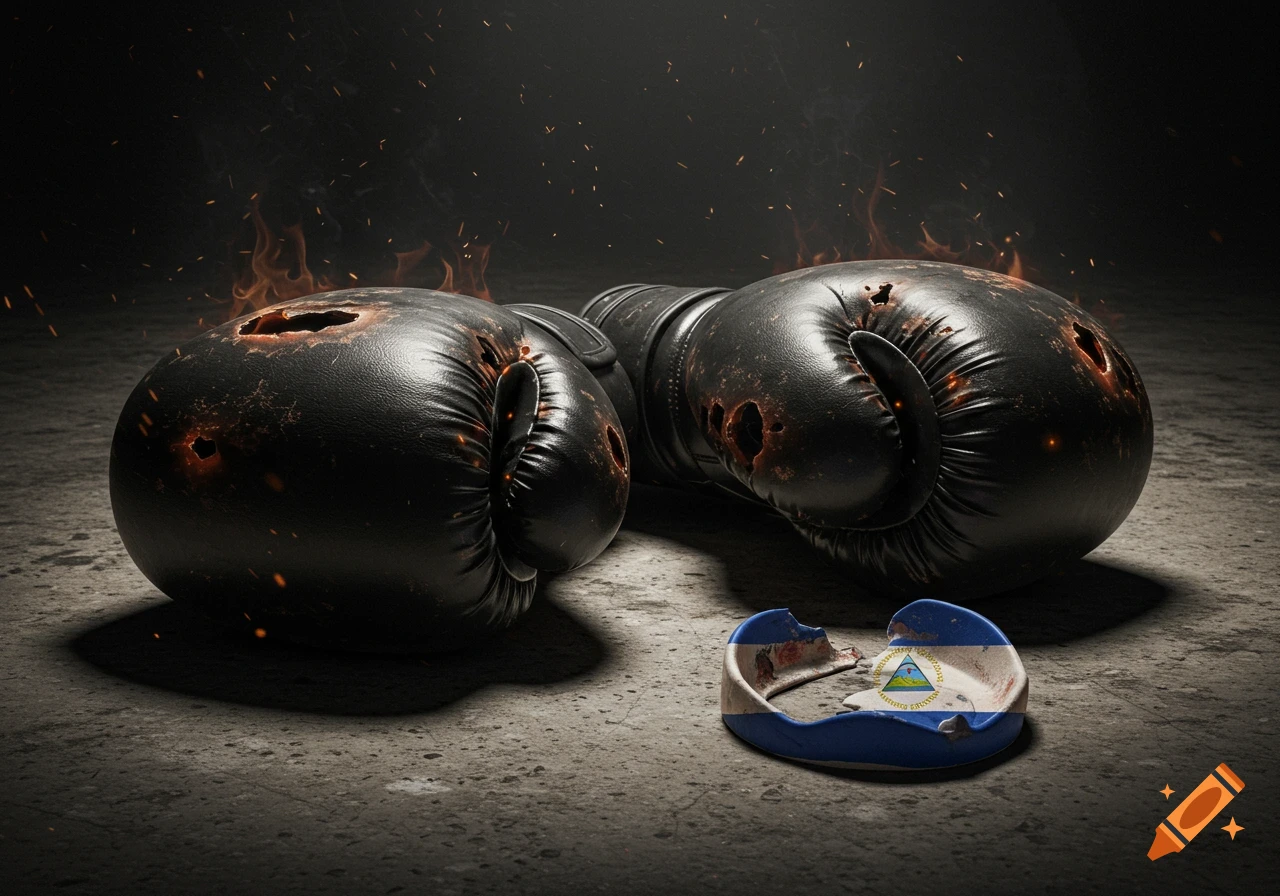 Heavily burned and partially melted black boxing gloves lie on a concrete floor next to a broken mouthguard with the Nicaragua flag.
