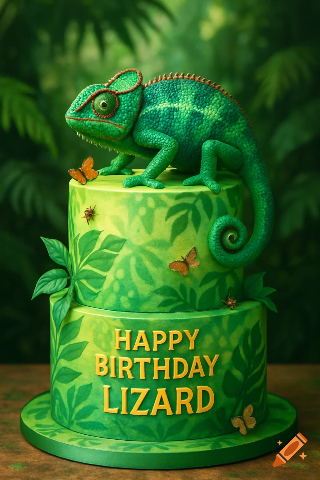 A vibrant green birthday cake decorated with leaves, butterflies, and a large chameleon on top. The cake reads 'HAPPY BIRTHDAY LIZARD'.