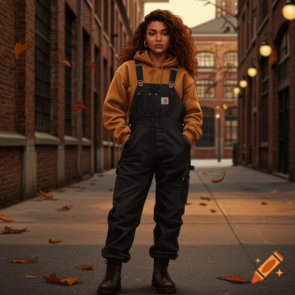 A woman with curly hair in a brown hoodie and black Carhartt overalls stands in an urban alley with autumn leaves.