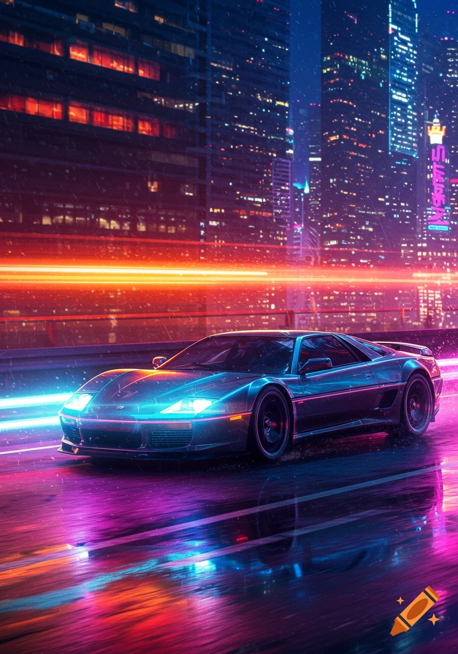 A sleek, futuristic car on a wet street at night in a neon-lit cyberpunk city, with glowing reflections.