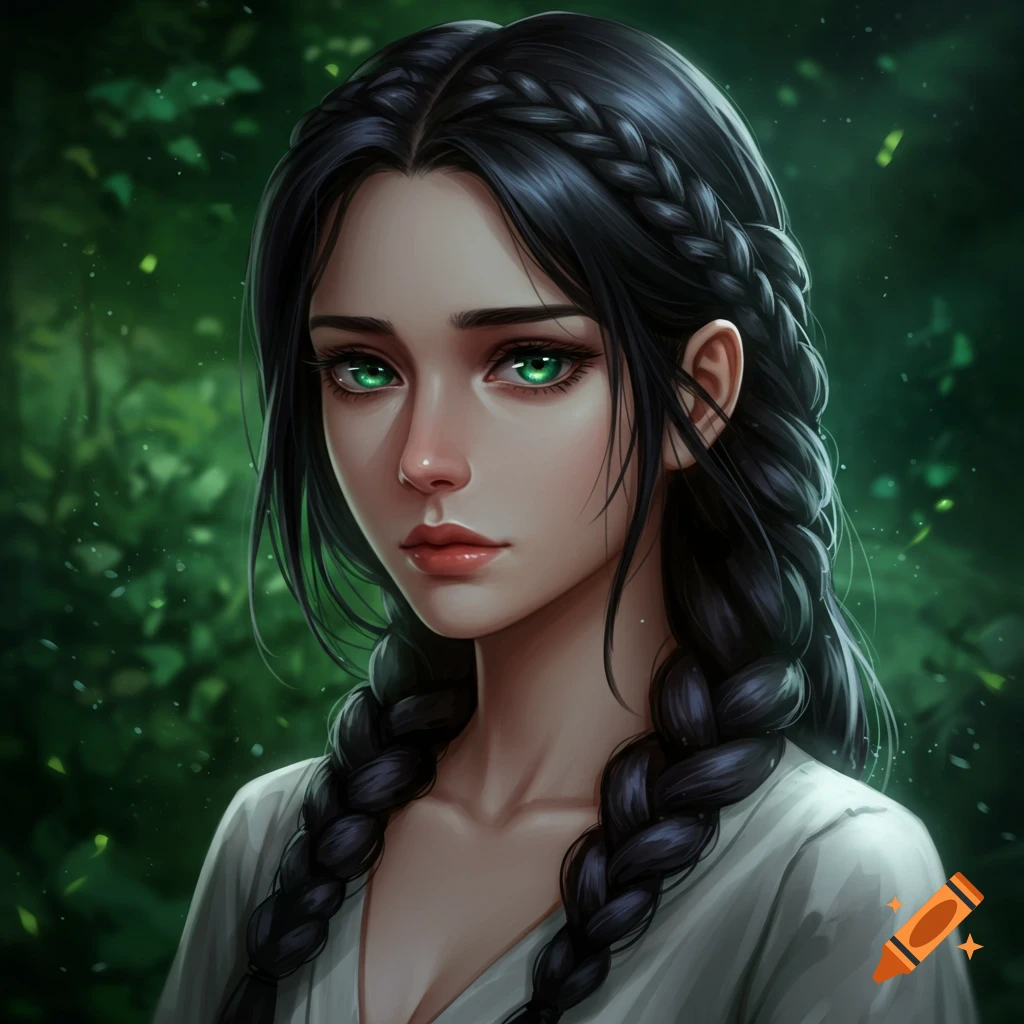 Realistic anime style portrait of a young woman with dark braided hair, green eyes, and a sad expression, against a blurred green background.
