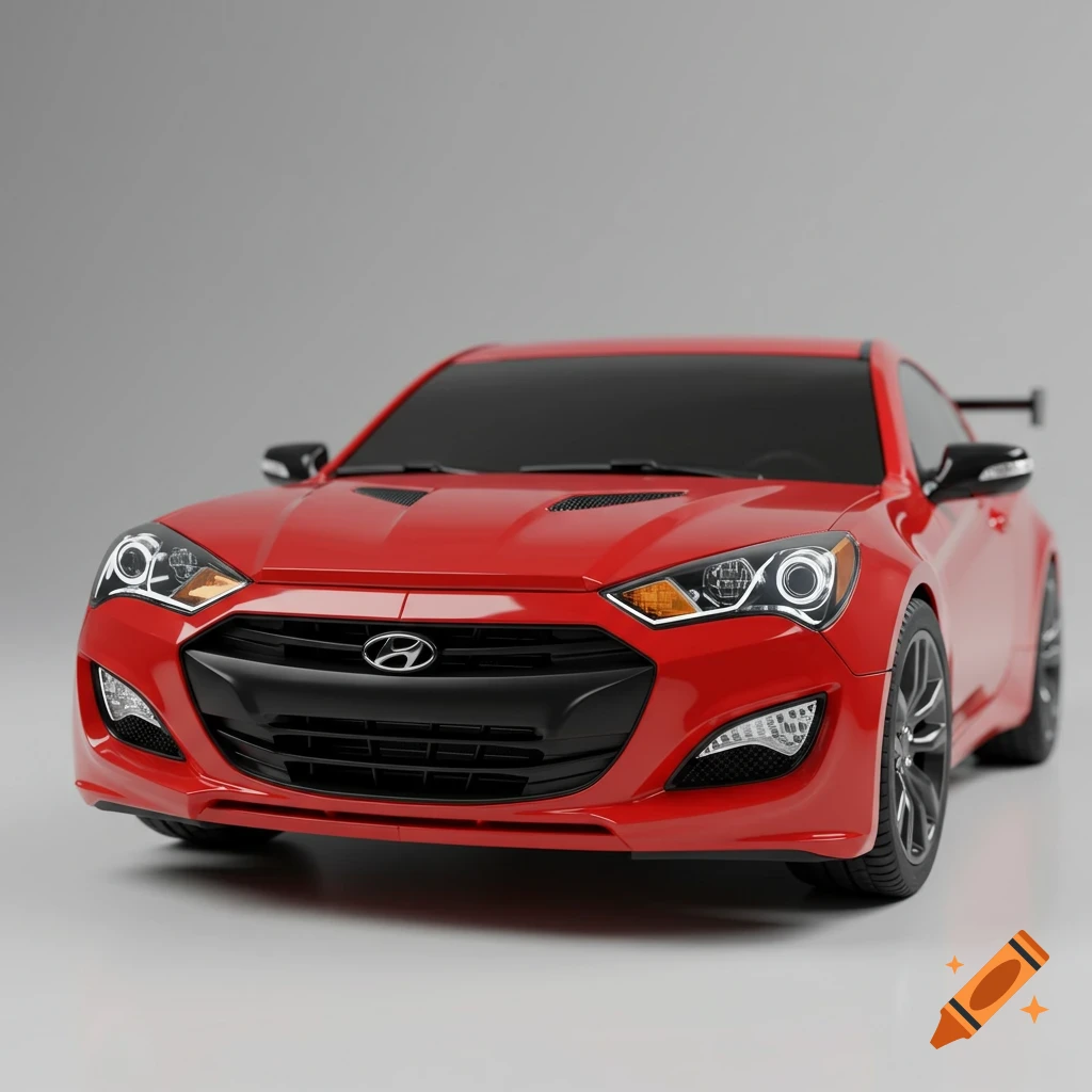 A red Hyundai Genesis Coupe with a sporty design, featuring a prominent front grille and sleek headlights, parked against a light gray background.