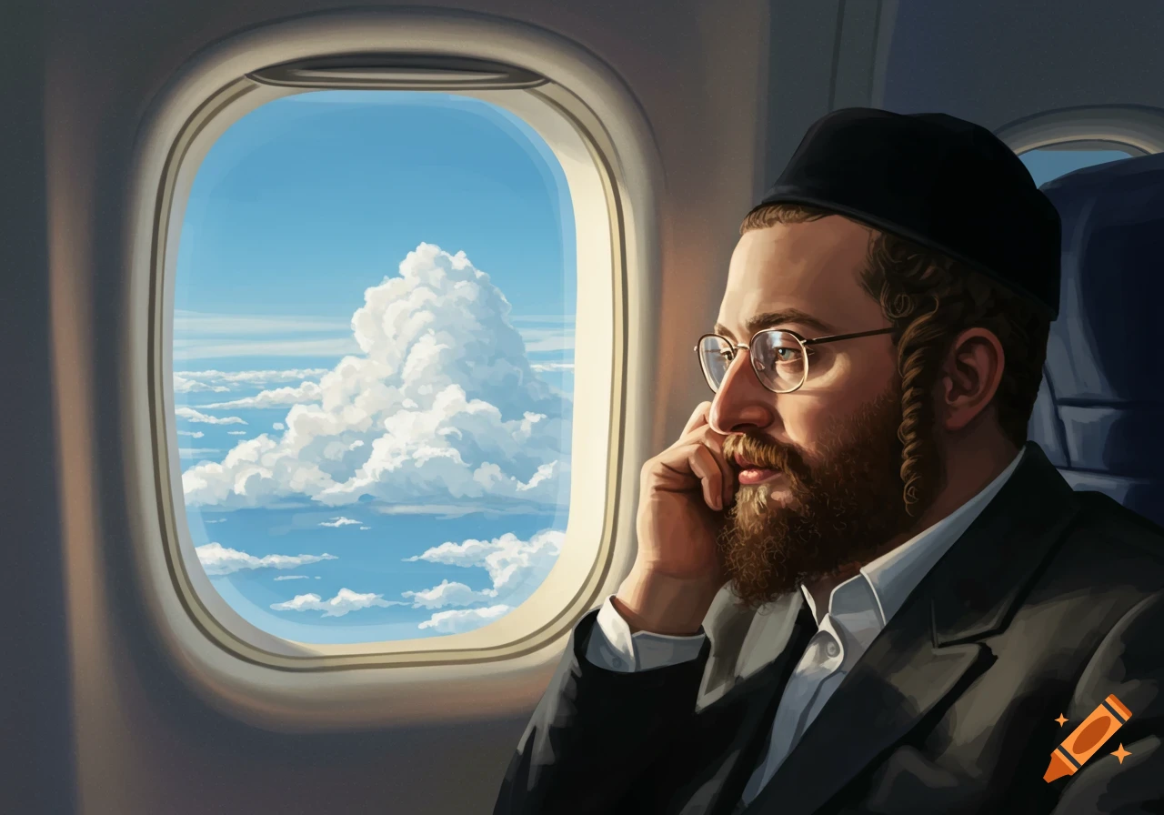 A bearded Hasidic man wearing a kippah and glasses looks out an airplane window at fluffy clouds in a blue sky, in a painted style.