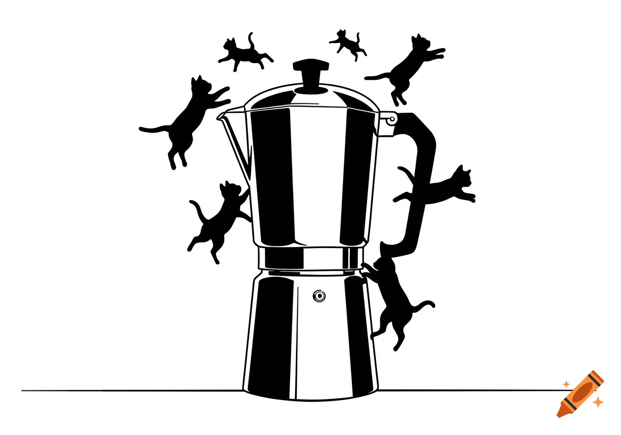 A black and white illustration of silhouetted cats leaping around a Moka pot coffee maker on a white background.