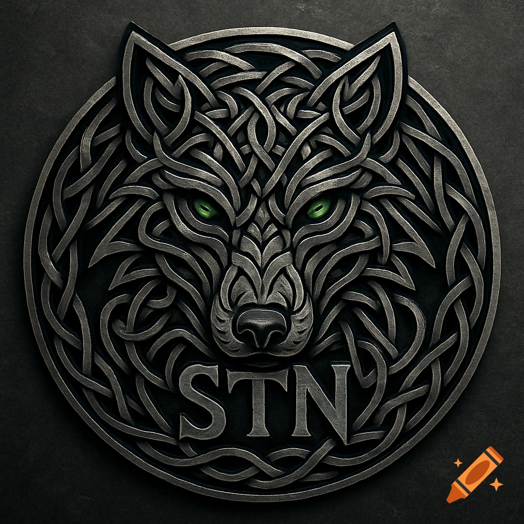 A metallic Celtic knot wolf emblem with glowing green eyes and the letters 'STN' at the bottom.
