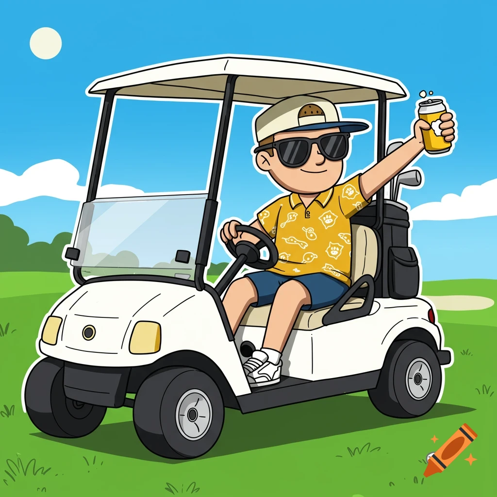 A cartoon man in sunglasses and a hat drives a white golf cart on a green golf course, raising a can of beer in the air.