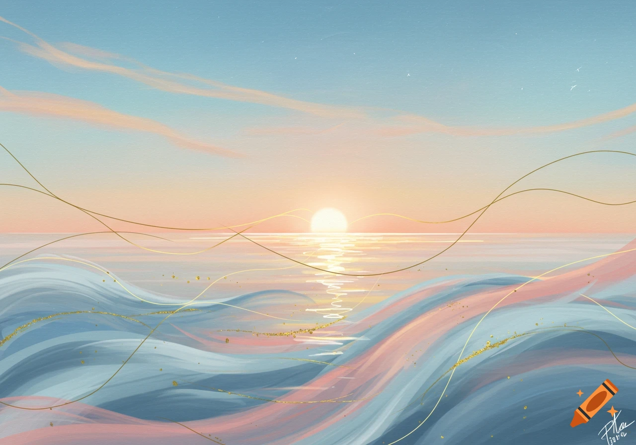 A serene abstract seascape painting with a sunset reflecting on stylized blue and pink waves, accented with golden lines and glitter.