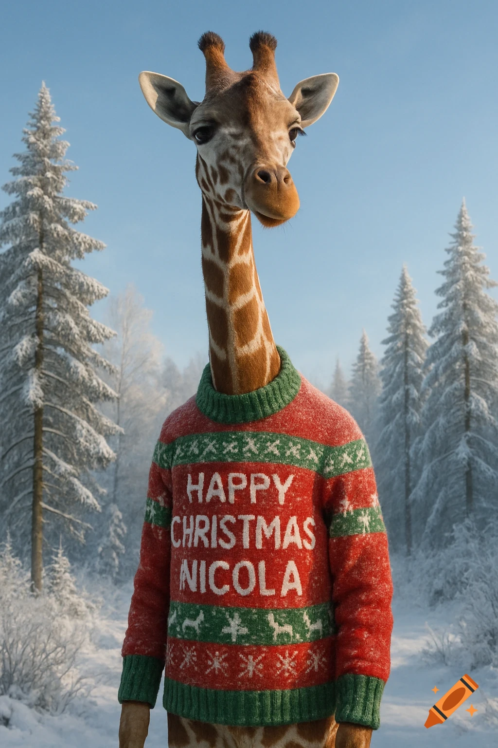 Photorealistic giraffe wearing a red Christmas sweater that says 'Happy Christmas Nicola' in a snowy forest.